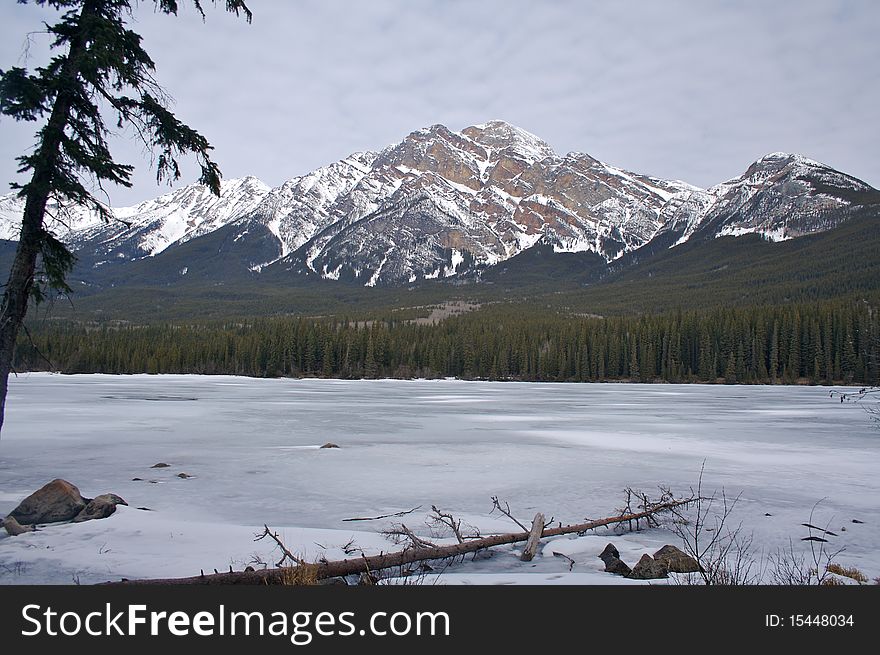 The frozen surface of Pyramid Lake, Jasper.