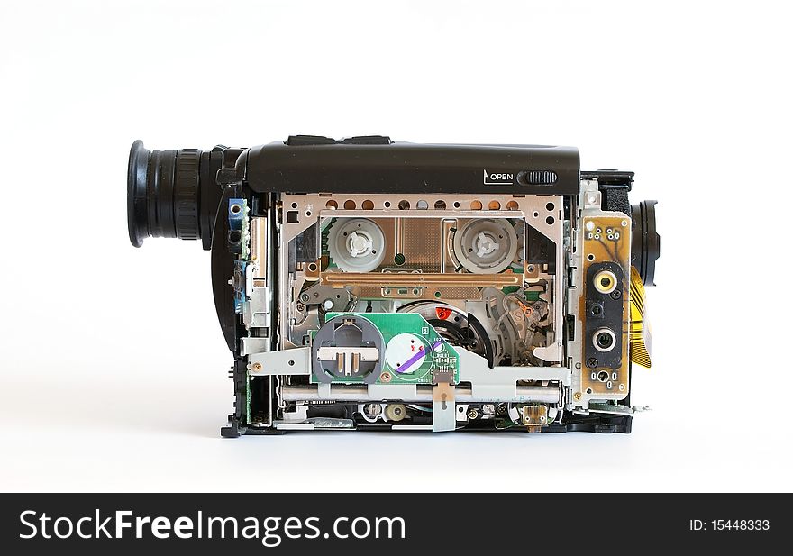 Camcorder with removed protective cover and open the internal mechanism