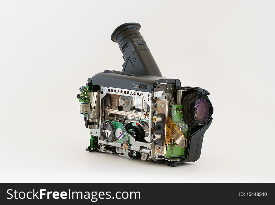 Camcorder with removed protective cover and open the internal mechanism