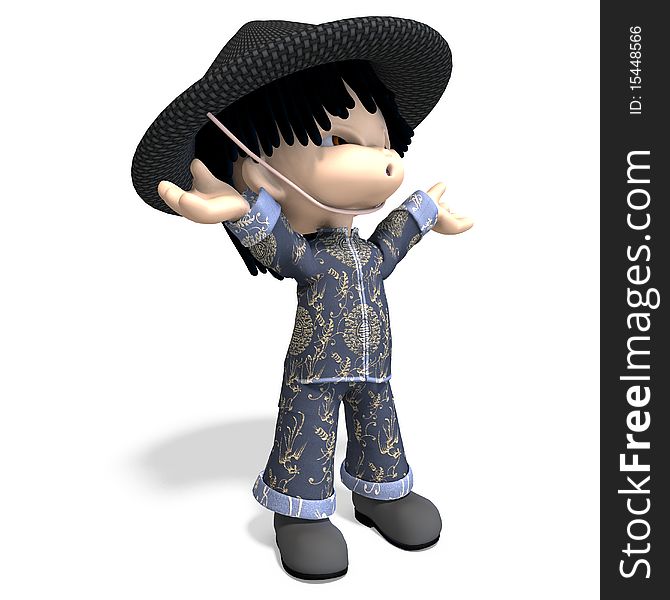 Little cartoon china boy is so cute and funny. 3D rendering with clipping path and shadow over white