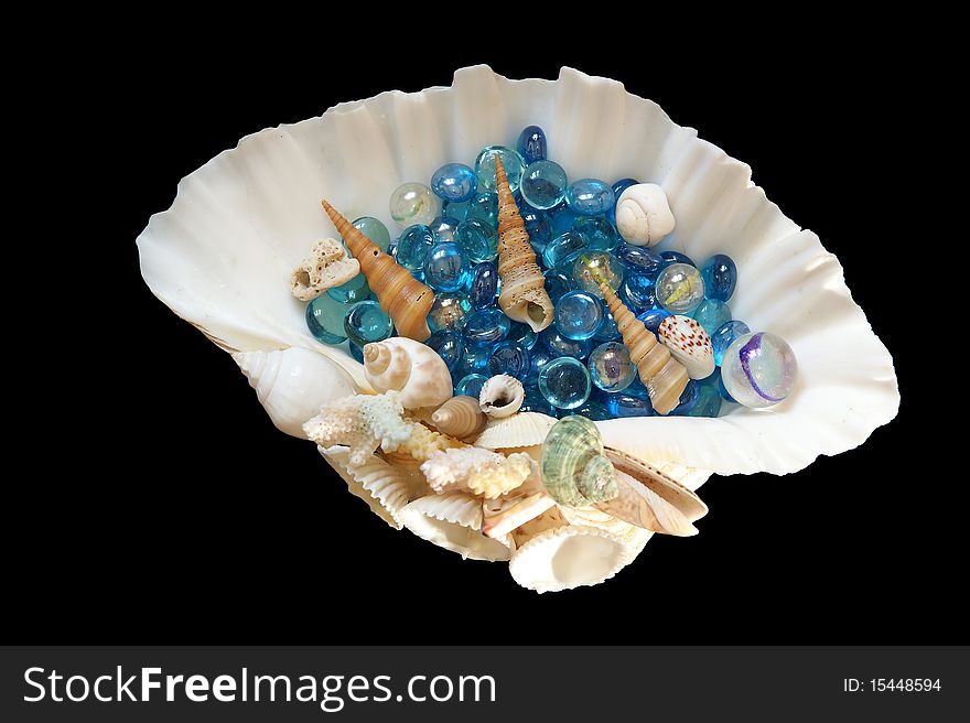 Large sea shell with blue glass stones and small shells, isolated on black