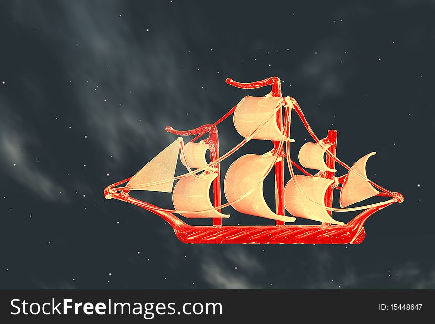 A small sailing ship with big sails in the clouds