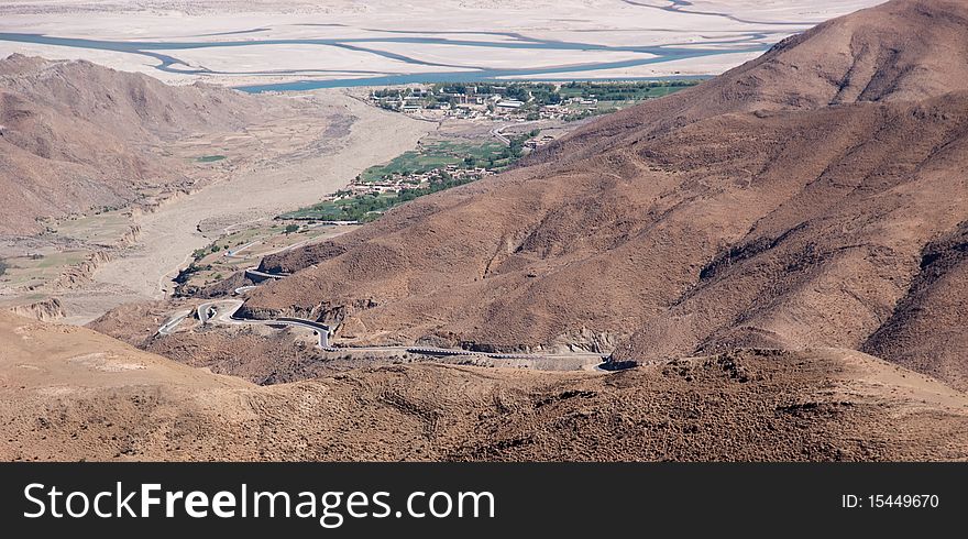 Yellowish mountain road view in tibet of China