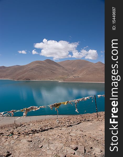 Blue lake with surrounding mountains in great tibet area. Blue lake with surrounding mountains in great tibet area