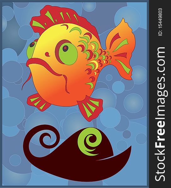 Fish with big eyes underwater and  fish silhouette  on bubbles background. Fish with big eyes underwater and  fish silhouette  on bubbles background