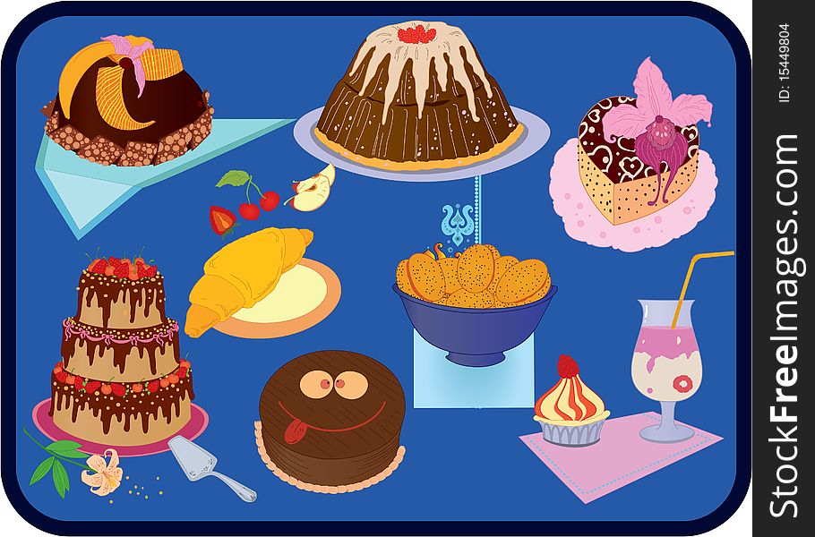 Icon set of fancy cakes , croissant, cookies and dessert