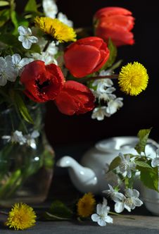 Still Life With Tulips And Dandelions Royalty Free Stock Photography Still Life With Tulips And Dandelions Royalty Free Stock Photography