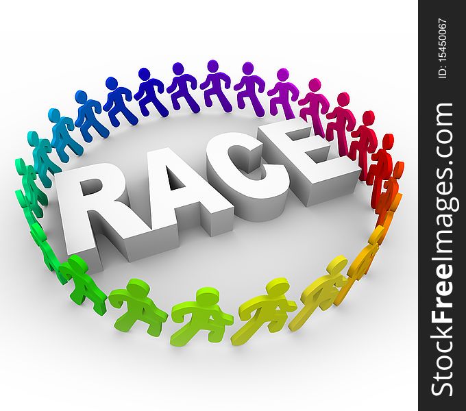 Many runners of different colors run around the word Race. Many runners of different colors run around the word Race