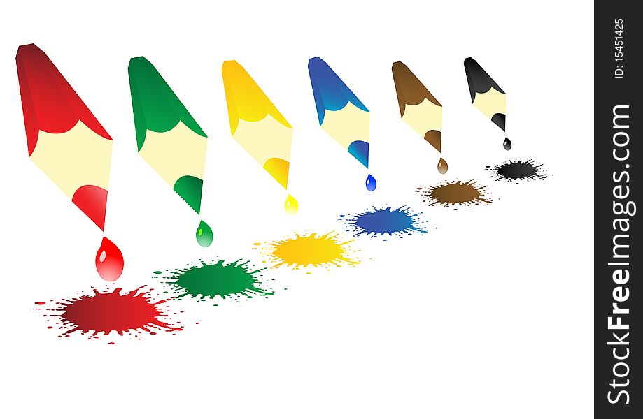 Vector illustration colour pencils with blots on a white background