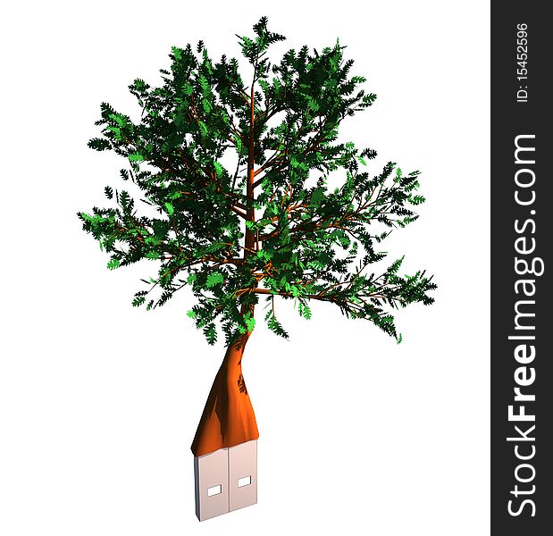 3d tree with usb plug on root. isolated on white background. tree has green leaves. Concept for green energy, environmental information, genetic information.