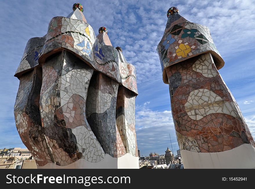 Roof of Casa Batllo, building restored by Antonio Gaudi. Roof of Casa Batllo, building restored by Antonio Gaudi.