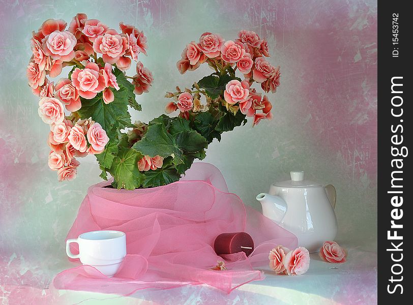 Room rose in a flowerpot on a table, alongside tea-pot with a cup. Room rose in a flowerpot on a table, alongside tea-pot with a cup