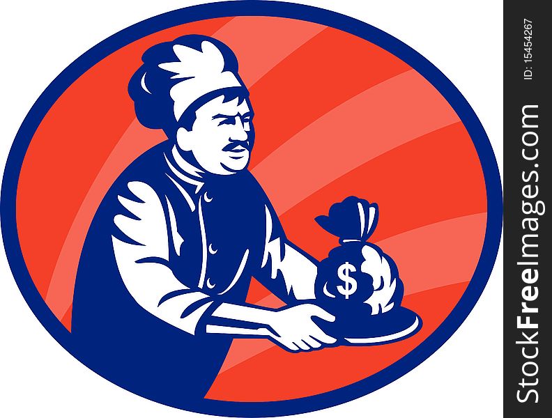 Illustration of a Baker chef or cook serving up bag of money in a plate. Illustration of a Baker chef or cook serving up bag of money in a plate