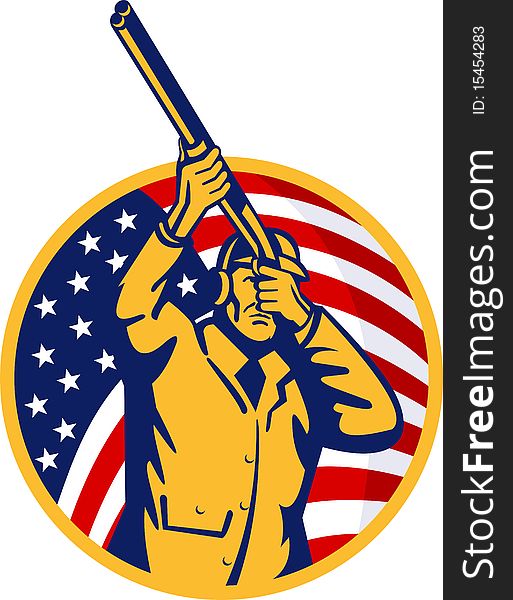 Illustration of a Hunter with shotgun  rifle and stars and stripes flag in background. Illustration of a Hunter with shotgun  rifle and stars and stripes flag in background