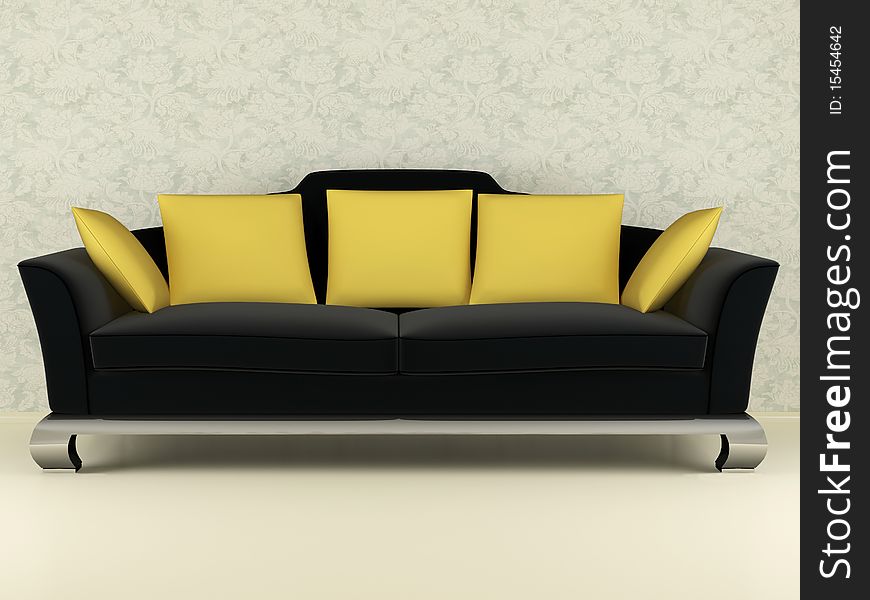 Modern black sofa with yellow pillows indoor, 3d render/illustration. Modern black sofa with yellow pillows indoor, 3d render/illustration