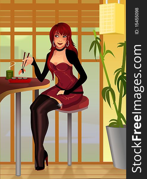 Red haired girl in a sushi bar ejoying herself. Red haired girl in a sushi bar ejoying herself.