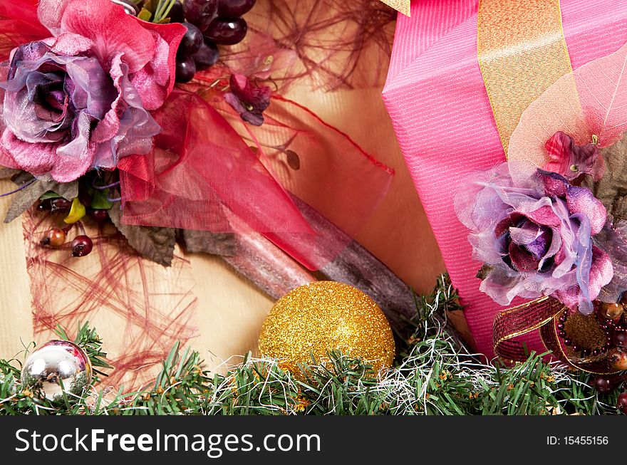 Close-up view of Christmas decorations with beautifully decorated two presents. Close-up view of Christmas decorations with beautifully decorated two presents