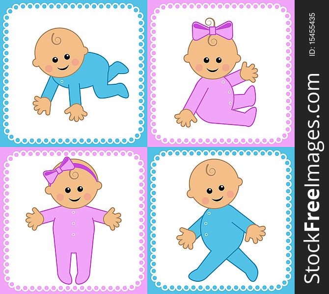Set of icons with the images of the little children isolated on the white in blue and pink frames.  Stages of development of the child are represented on icons.
The boy creeps, the girl sits, the girl costs, the boy goes. The different graphics  of the  image are all on separate layers so they can easily be moved or edited individually. Set of icons with the images of the little children isolated on the white in blue and pink frames.  Stages of development of the child are represented on icons.
The boy creeps, the girl sits, the girl costs, the boy goes. The different graphics  of the  image are all on separate layers so they can easily be moved or edited individually.
