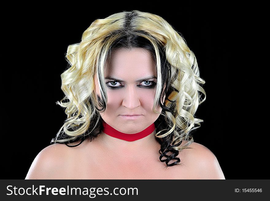 Woman with white face green eyes and red ribbon on neck. Woman with white face green eyes and red ribbon on neck.