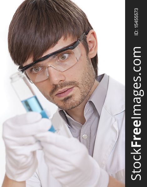 Male scientist with glass flask on white background. Male scientist with glass flask on white background