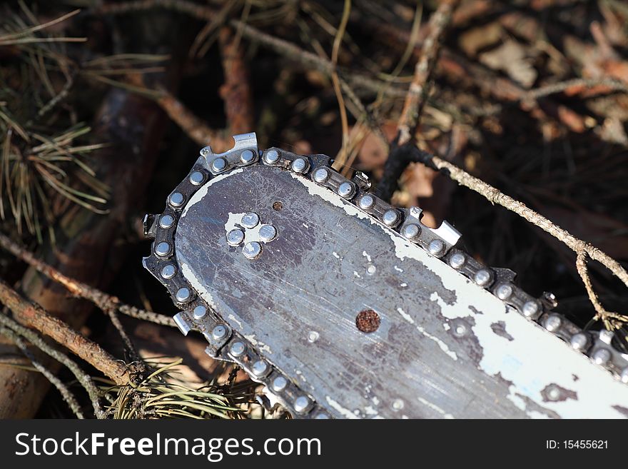 Chain saw against firewood pile. Chain saw against firewood pile.