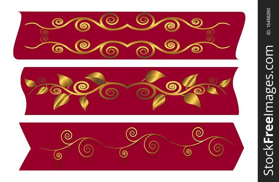 Red banners with golden floral swirls. Vector illustration. Red banners with golden floral swirls. Vector illustration.