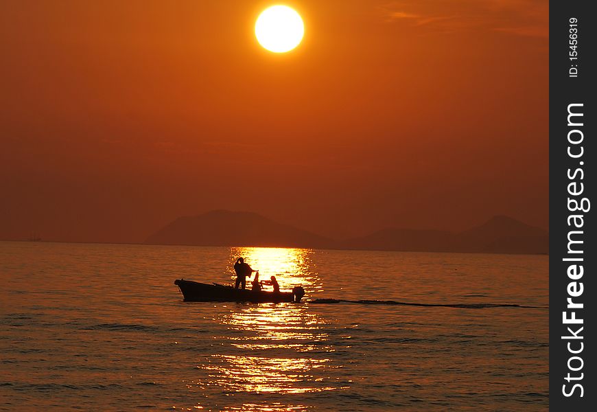 Boat in the light, sunset in croatia. Boat in the light, sunset in croatia