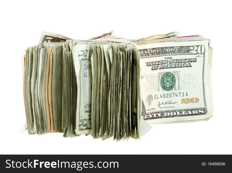 Bundle of Twenty Dollar Bills Stacked and Banded Together with a Rubber Bands on its side, isolated on white background.