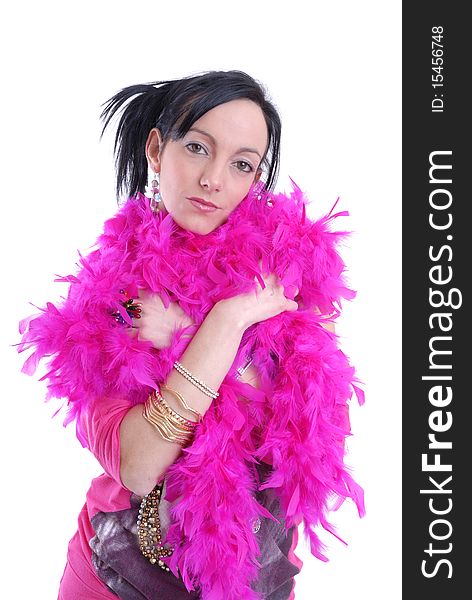 Photograph of sexy casual young woman isolated with pink feather boa. Photograph of sexy casual young woman isolated with pink feather boa