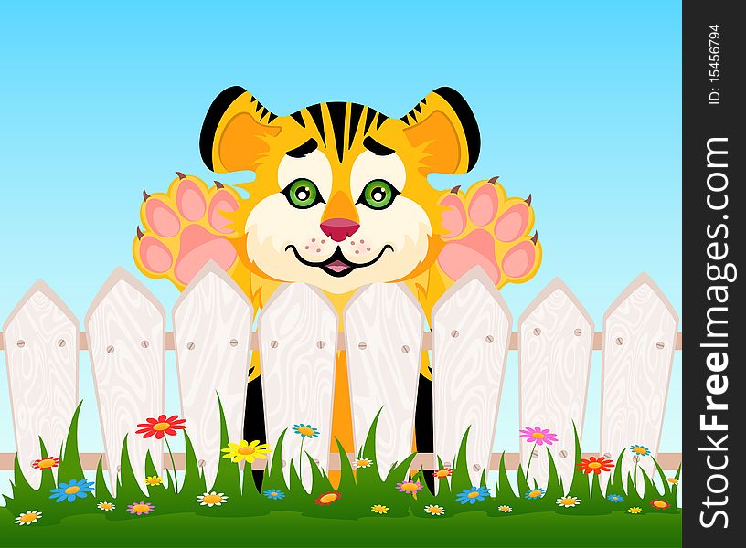 Cartoon smiling tiger after a fence for a design