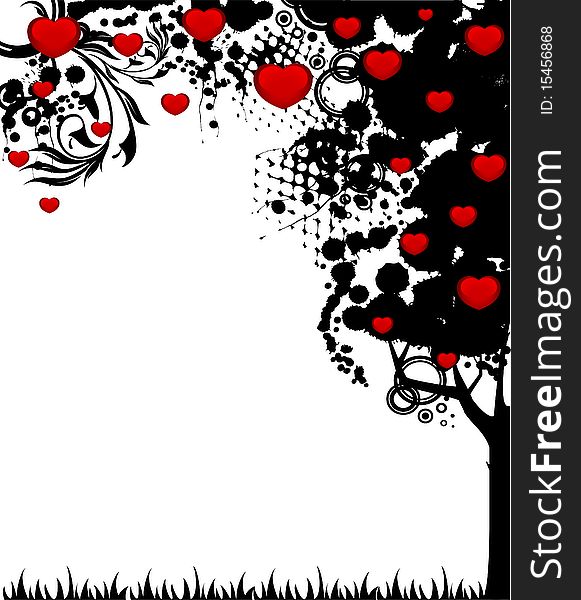 Abstract tree with red hearts. Nature decoration.