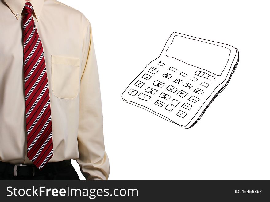 Man in a shirt and a tie standing next to a drawing of a calculator. Add your text to the calculator. Man in a shirt and a tie standing next to a drawing of a calculator. Add your text to the calculator.