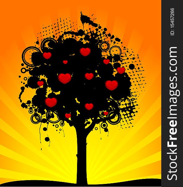 Abstract tree with red hearts. Nature decoration.