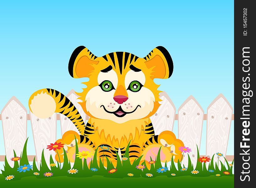 Cartoon Smiling Tiger After A Fence