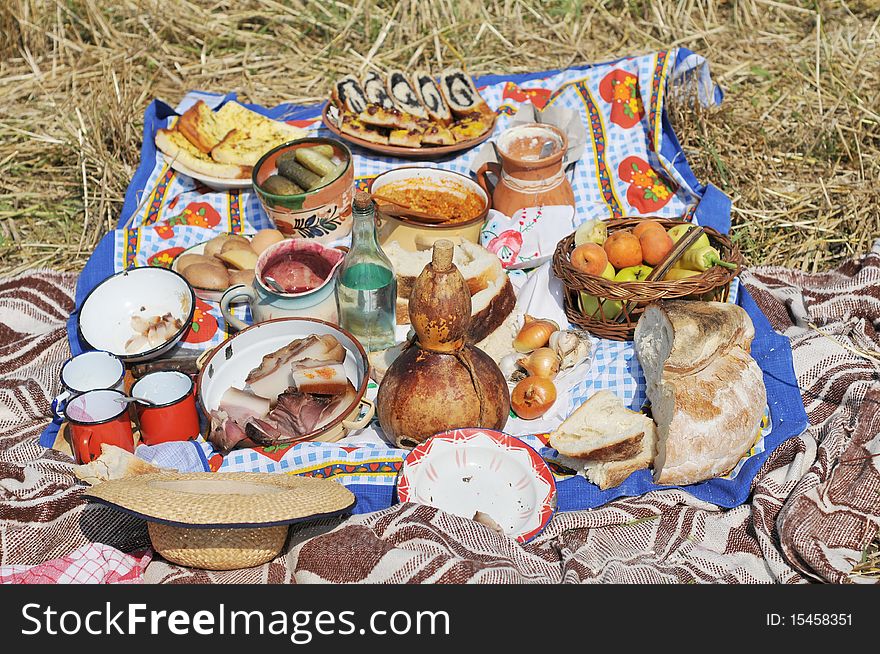 Picnic on meadow with food and drinks