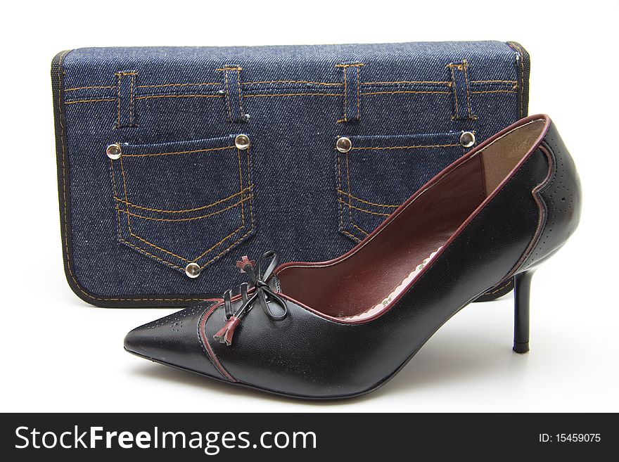 Jeans bag with lady shoe of leather. Jeans bag with lady shoe of leather