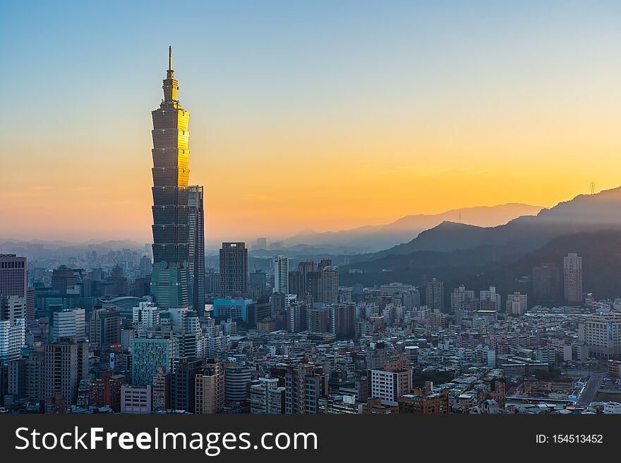 Beautiful architecture building taipei city skyline at sunset in Taiwan