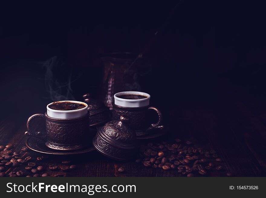 Turkish style coffee on wooden background