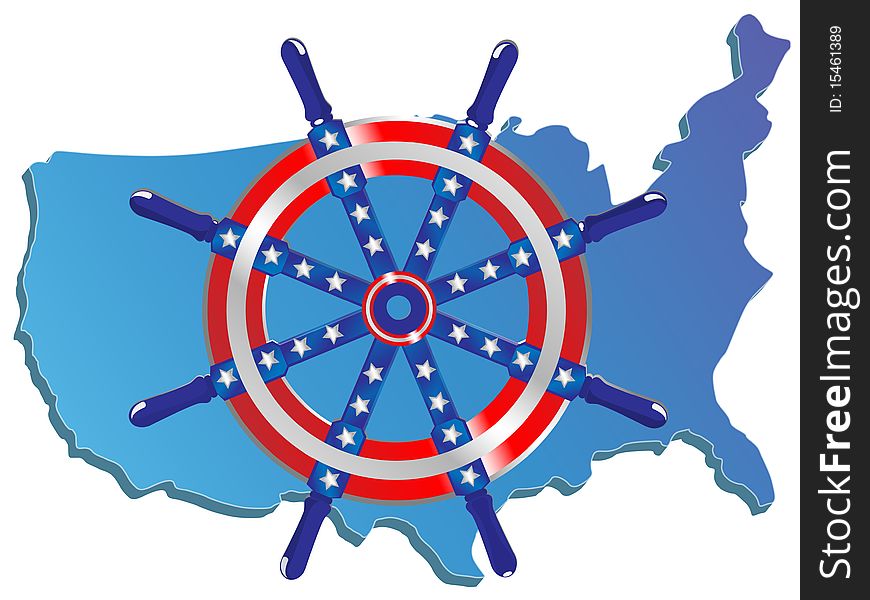 Steering wheel and map of the USA on a white background