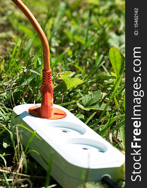 Plug stuck into adapter on a green grass. Plug stuck into adapter on a green grass