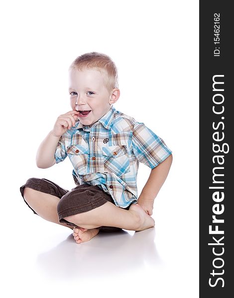 Photo of adorable young boy on white background