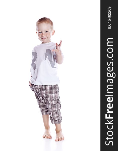 Photo of adorable young boy on white background