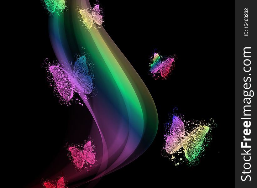 Colored  background with  abstract smoke and butterflies