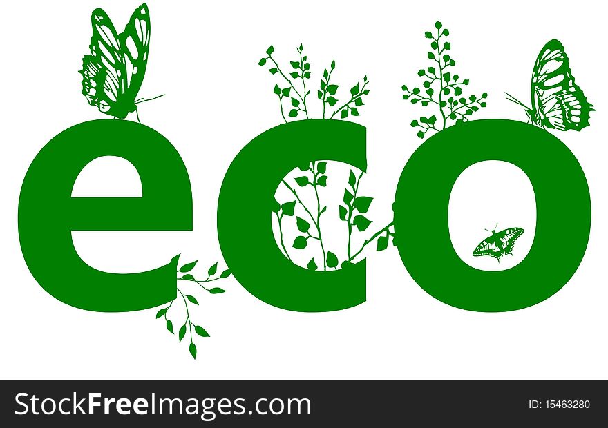 Word of ECO with branches of trees and butterflies on a white background. Word of ECO with branches of trees and butterflies on a white background