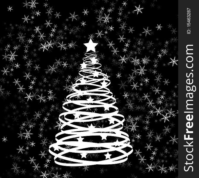 silhouette of the Christmas tree and snowflakes on a black background