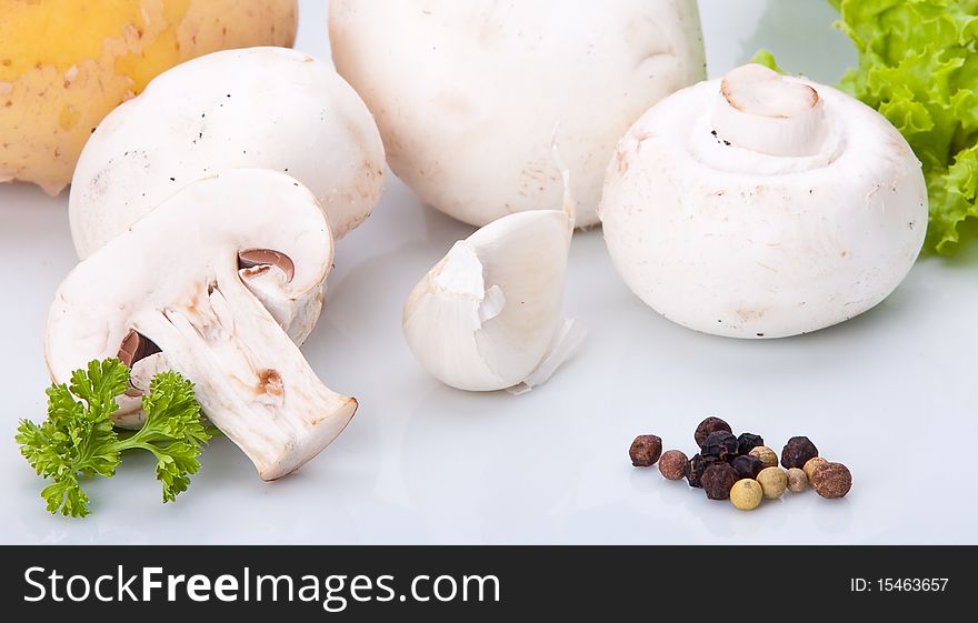 Macro pic of champignons with garlic and black pepper. Macro pic of champignons with garlic and black pepper