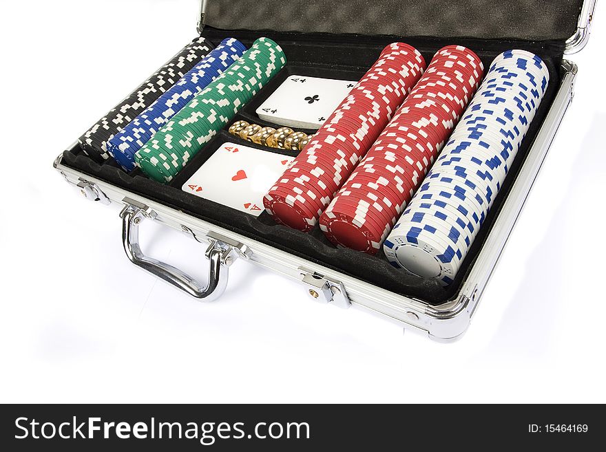 Poker set in metal suitcase isolated on white