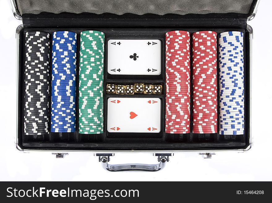 Poker set in metal suitcase isolated on white