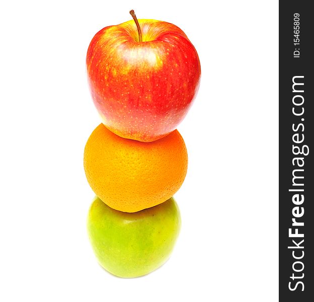 Stack of apple and orange on white background