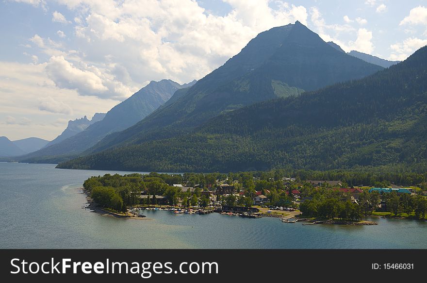 Bird's eye view of waterton village, and lake in the Waterton lakes National Park, Alberta, Canada. Bird's eye view of waterton village, and lake in the Waterton lakes National Park, Alberta, Canada